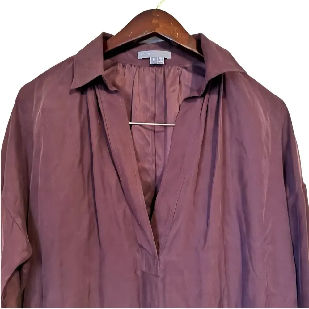 Vince 100% Silk Long Sleeve Maroon Shirt Mini Career Dress Sz Small Office Wear